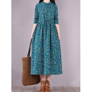 Original Lapel Frenum Floral Printed Midi Dress