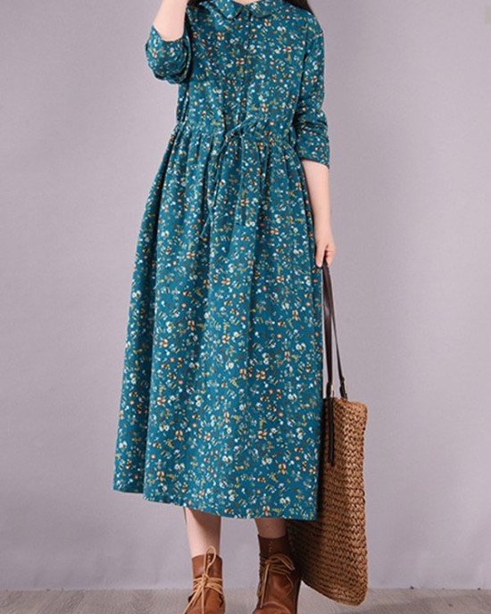 Original Lapel Frenum Floral Printed Midi Dress