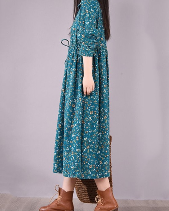 Original Lapel Frenum Floral Printed Midi Dress