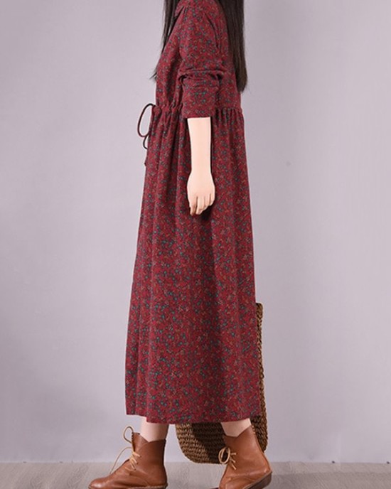 Original Lapel Frenum Floral Printed Midi Dress