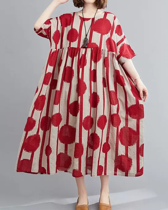 Original Polka-Dot Split-Joint Round-Neck Midi Dress