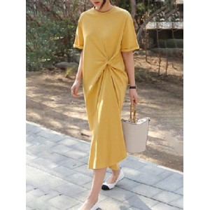 Original Solid Color Irregularity Pleats Midi Dress