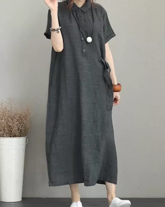 Original Cotton-Blend Lapel Solid Color Dress