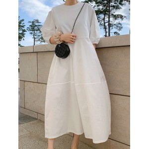 Casual Round-Neck Bishop Sleeve Loose Solid Color Midi Dress