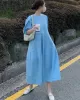 Casual Round-Neck Bishop Sleeve Loose Solid Color Midi Dress