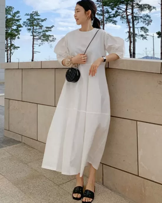 Casual Round-Neck Bishop Sleeve Loose Solid Color Midi Dress