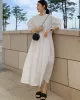 Casual Round-Neck Bishop Sleeve Loose Solid Color Midi Dress