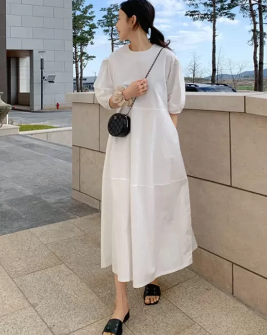 Casual Round-Neck Bishop Sleeve Loose Solid Color Midi Dress