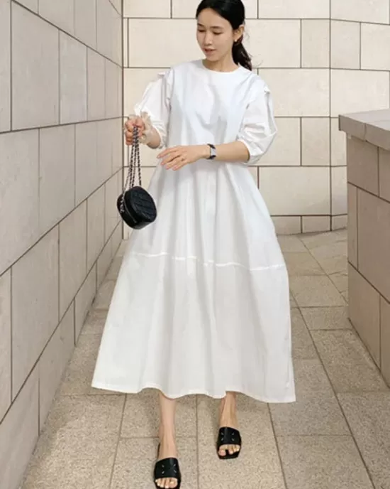 Casual Round-Neck Bishop Sleeve Loose Solid Color Midi Dress