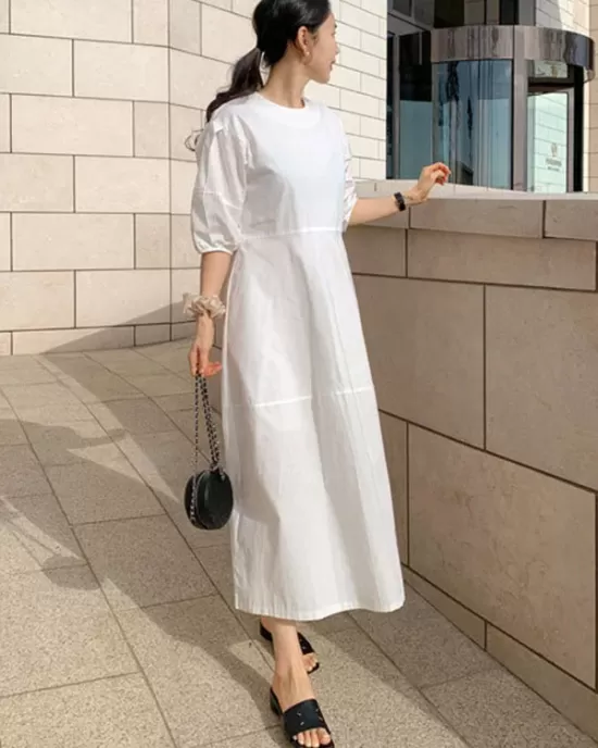 Casual Round-Neck Bishop Sleeve Loose Solid Color Midi Dress