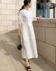 Casual Round-Neck Bishop Sleeve Loose Solid Color Midi Dress