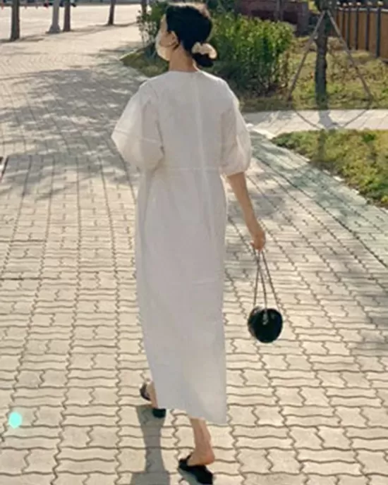 Casual Round-Neck Bishop Sleeve Loose Solid Color Midi Dress