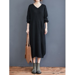 Loose Casual Solid Color V-Neck Long Sleeves Knitted Midi Dress