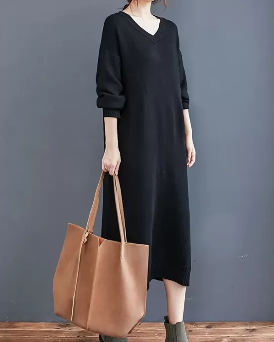 Loose Casual Solid Color V-Neck Long Sleeves Knitted Midi Dress