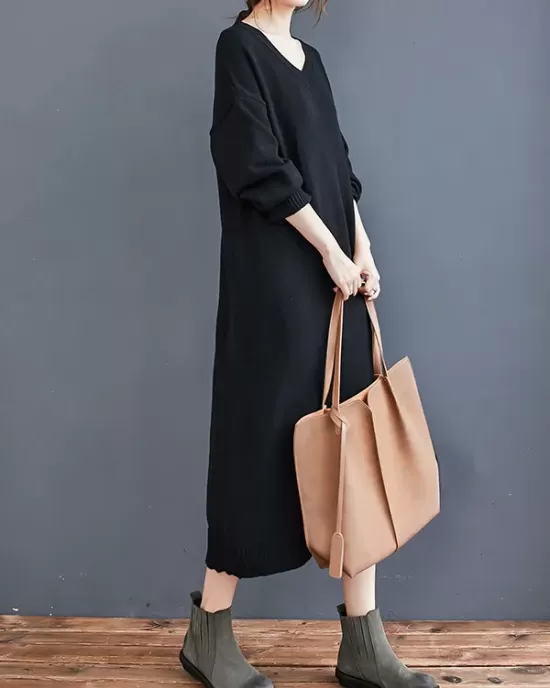 Loose Casual Solid Color V-Neck Long Sleeves Knitted Midi Dress