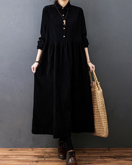 Vintage Split-Joint Solid Color Long Sleeves Lapel A-Line Corduroy Midi Dress