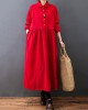 Vintage Split-Joint Solid Color Long Sleeves Lapel A-Line Corduroy Midi Dress