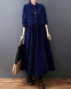 Vintage Split-Joint Solid Color Long Sleeves Lapel A-Line Corduroy Midi Dress