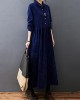 Vintage Split-Joint Solid Color Long Sleeves Lapel A-Line Corduroy Midi Dress