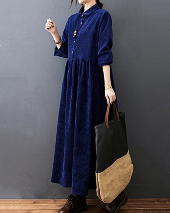 Vintage Split-Joint Solid Color Long Sleeves Lapel A-Line Corduroy Midi Dress