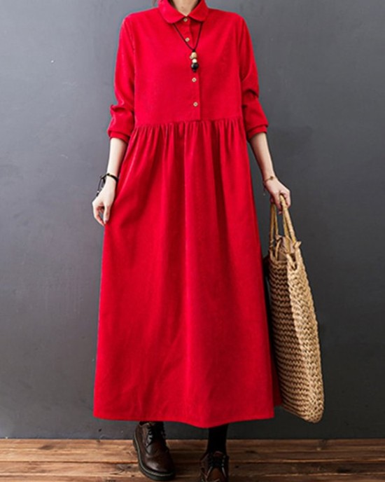 Vintage Split-Joint Solid Color Long Sleeves Lapel A-Line Corduroy Midi Dress