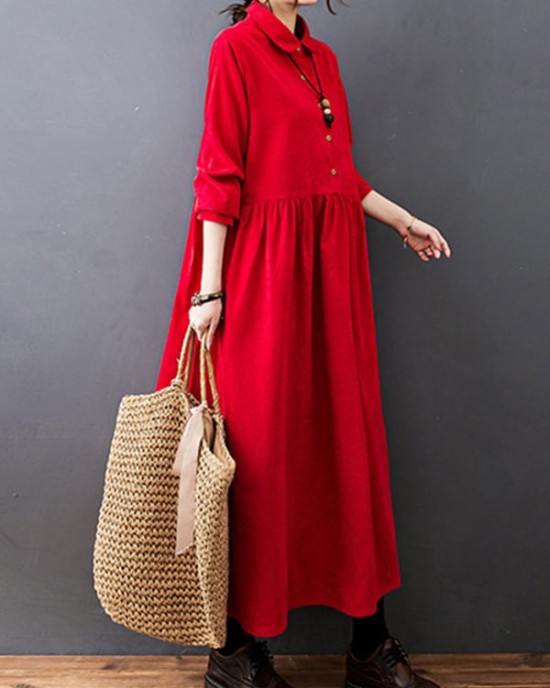 Vintage Split-Joint Solid Color Long Sleeves Lapel A-Line Corduroy Midi Dress