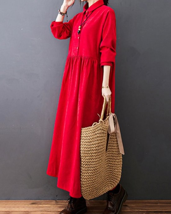 Vintage Split-Joint Solid Color Long Sleeves Lapel A-Line Corduroy Midi Dress