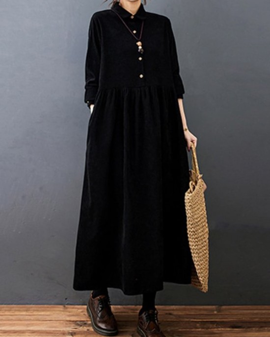 Vintage Split-Joint Solid Color Long Sleeves Lapel A-Line Corduroy Midi Dress