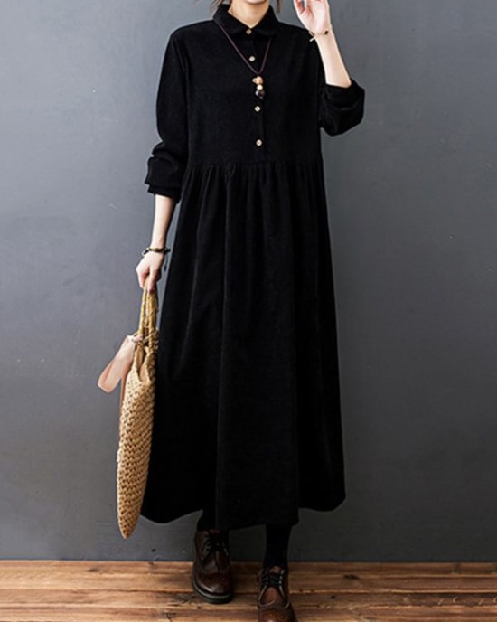 Vintage Split-Joint Solid Color Long Sleeves Lapel A-Line Corduroy Midi Dress