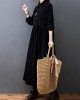 Vintage Split-Joint Solid Color Long Sleeves Lapel A-Line Corduroy Midi Dress