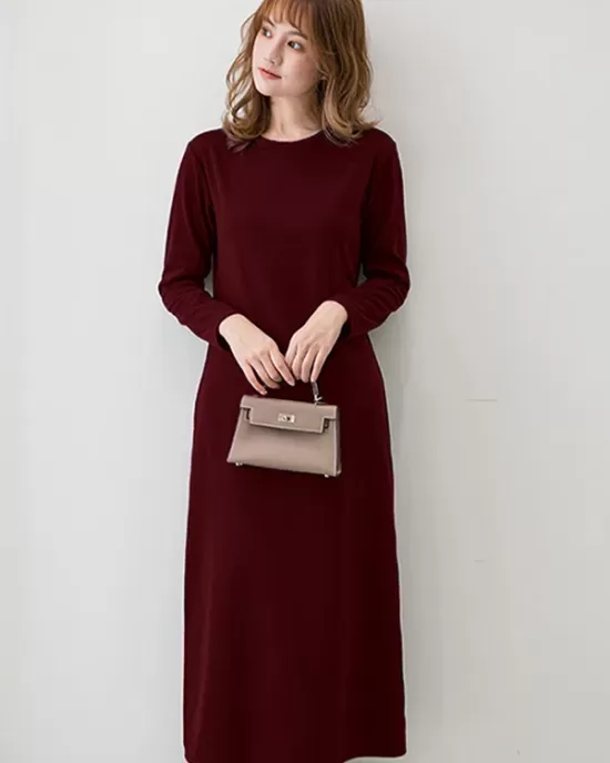 Simple Solid Color Round-Neck A-Line Midi Dress