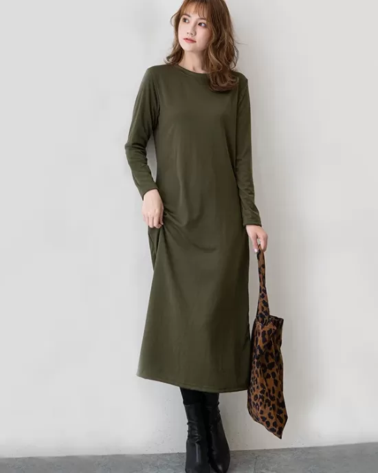 Simple Solid Color Round-Neck A-Line Midi Dress