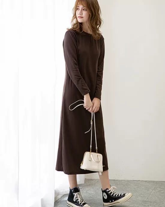 Simple Solid Color Round-Neck A-Line Midi Dress