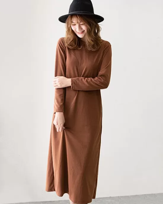 Simple Solid Color Round-Neck A-Line Midi Dress