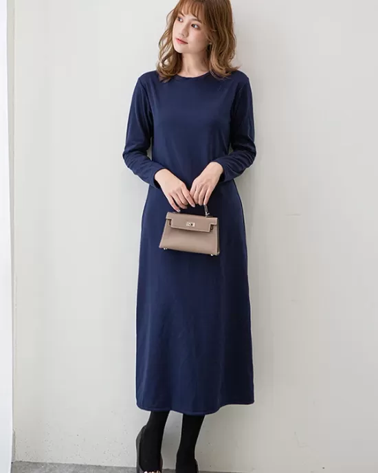 Simple Solid Color Round-Neck A-Line Midi Dress