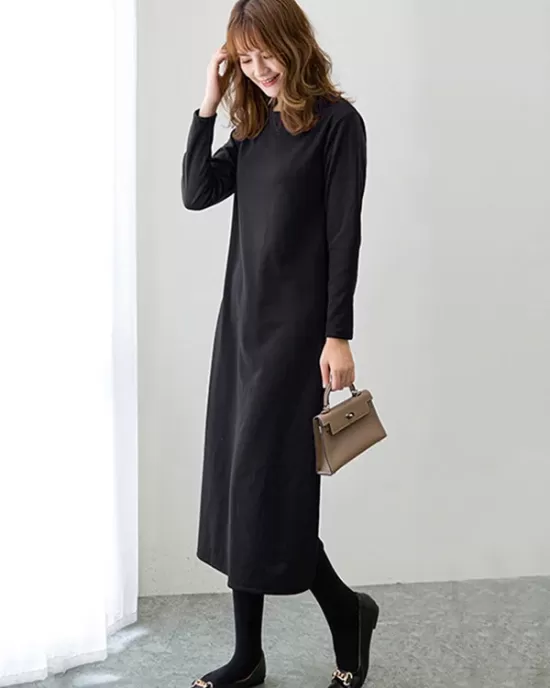 Simple Solid Color Round-Neck A-Line Midi Dress