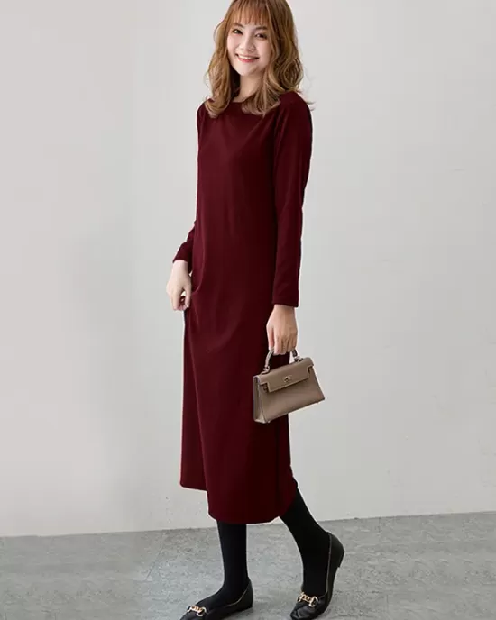 Simple Solid Color Round-Neck A-Line Midi Dress