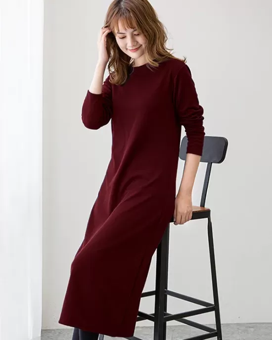 Simple Solid Color Round-Neck A-Line Midi Dress