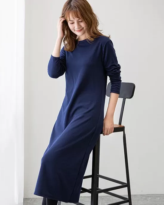 Simple Solid Color Round-Neck A-Line Midi Dress