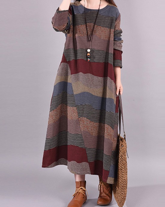 Artistic Retro Loose Ramie Cotton Striped Multi-Colored Round-Neck Long Sleeves Midi Dress