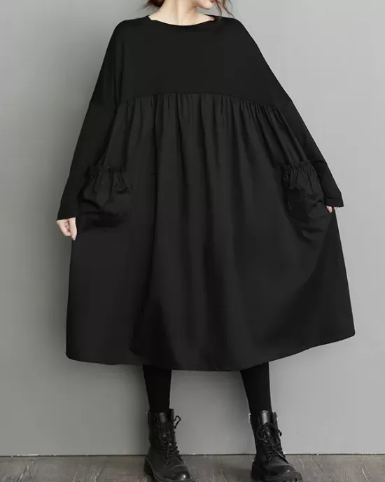 Simple Loose Black Split-Joint Long Sleeves Midi Dress