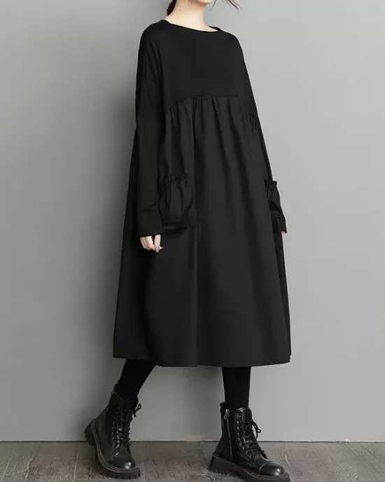 Simple Loose Black Split-Joint Long Sleeves Midi Dress