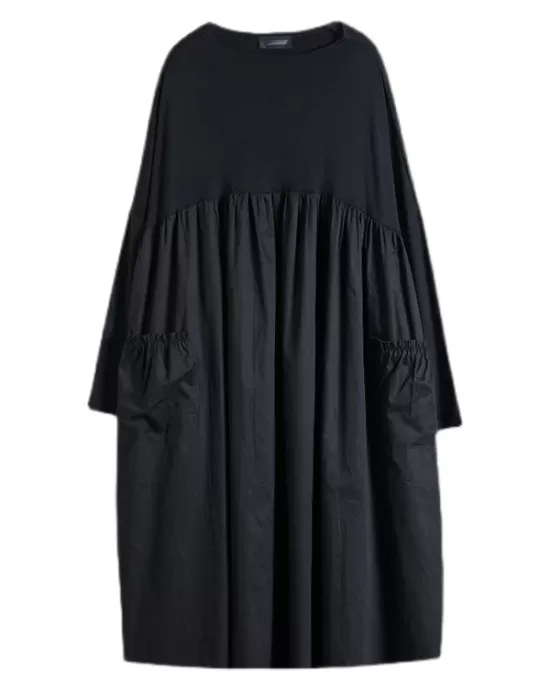 Simple Loose Black Split-Joint Long Sleeves Midi Dress