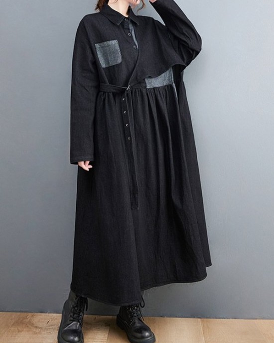 Original Loose Denim Split-Joint Tied Lapel Collar Long Sleeves Midi Dress