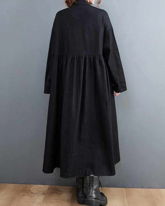 Original Loose Denim Split-Joint Tied Lapel Collar Long Sleeves Midi Dress