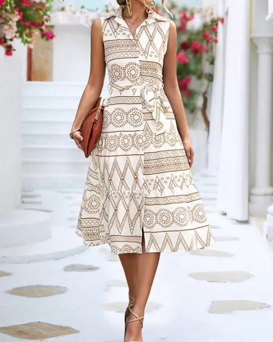 Buttoned Printed Tied Waist Sleeveless Lapel Collar Midi Dresses