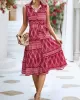 Buttoned Printed Tied Waist Sleeveless Lapel Collar Midi Dresses