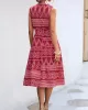 Buttoned Printed Tied Waist Sleeveless Lapel Collar Midi Dresses