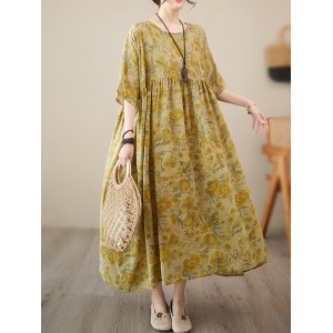 Floral Printed Pleated Split-Joint Loose Raglan Sleeve Round-Neck Midi Dresses