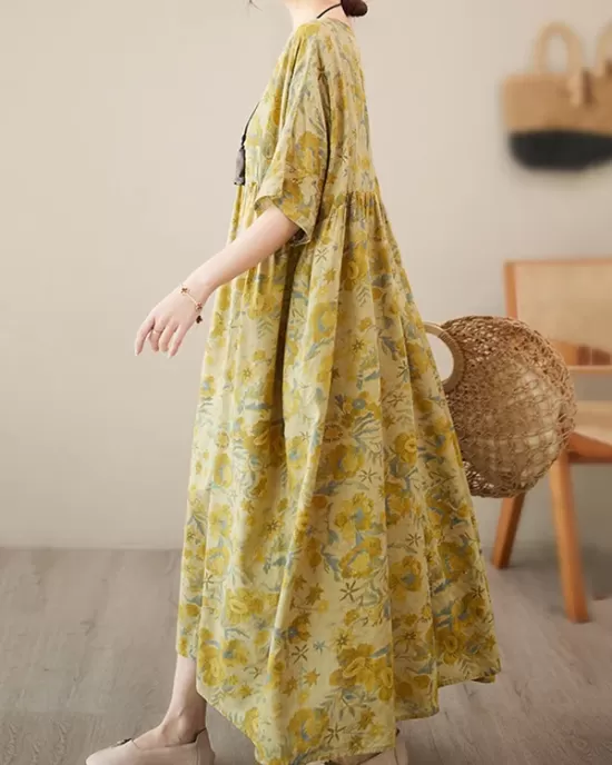 Floral Printed Pleated Split-Joint Loose Raglan Sleeve Round-Neck Midi Dresses